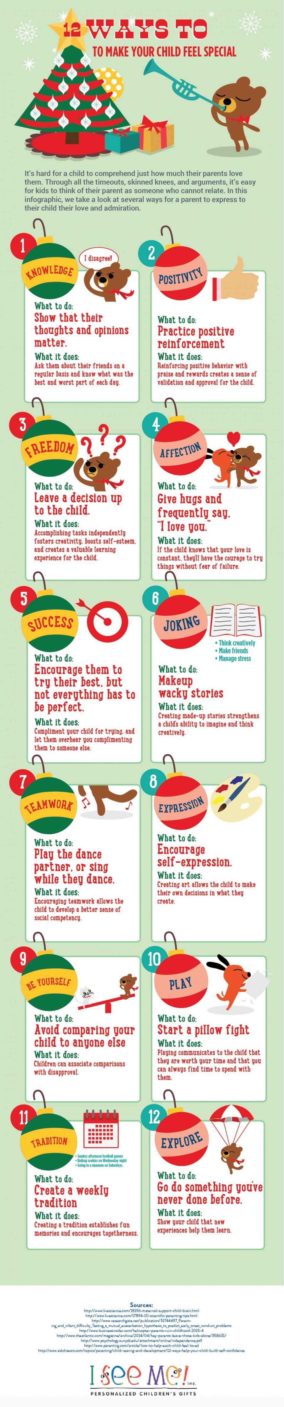 The 12 Ways to Make Your Child Feel Special Infographic takes a look at several ways for a parent to express to their child their love and admiration.